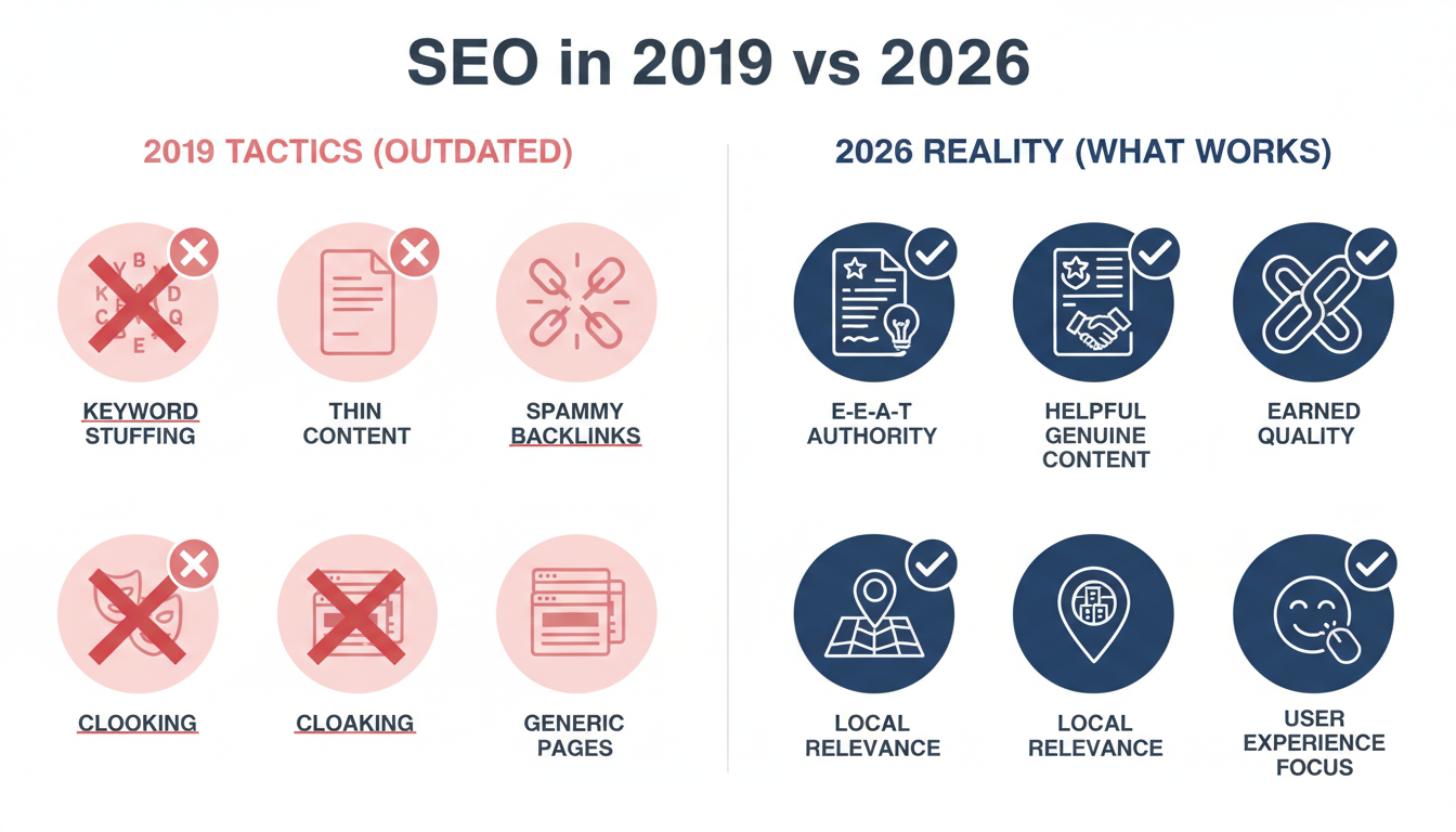 Visual timeline showing outdated 2019 SEO tactics versus effective 2026 strategies for Jacksonville businesses.