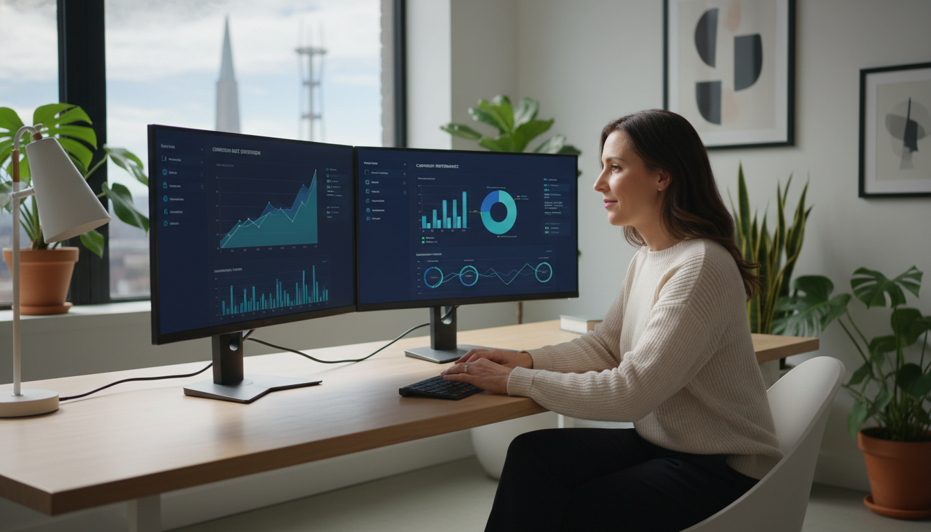 Digital marketing strategist analyzing data dashboards in modern San Francisco office with city skyline view