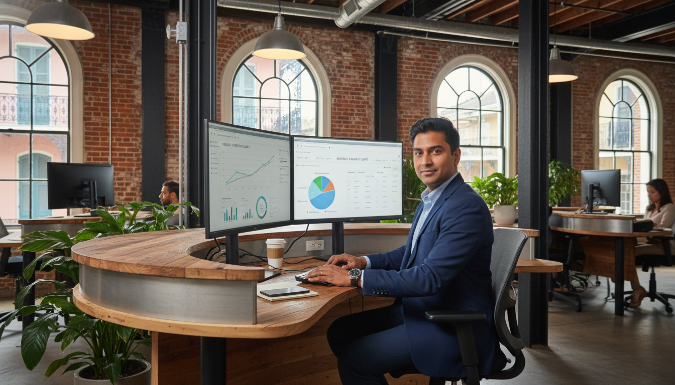Professional SEO strategist working at analytics dashboard in modern New Orleans office environment with dual monitors displaying metrics and data