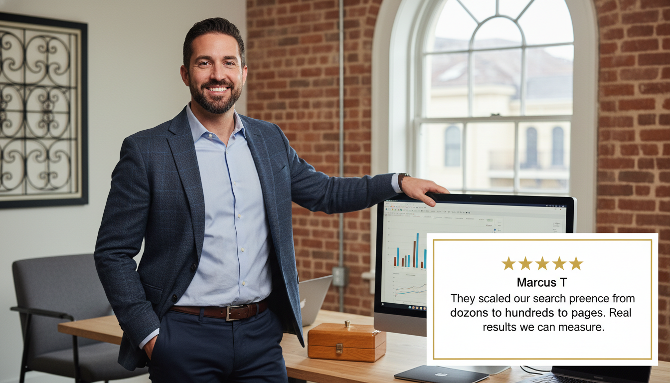 Business owner testimonial review with 5-star rating praising programmatic SEO results and search presence scaling in New Orleans