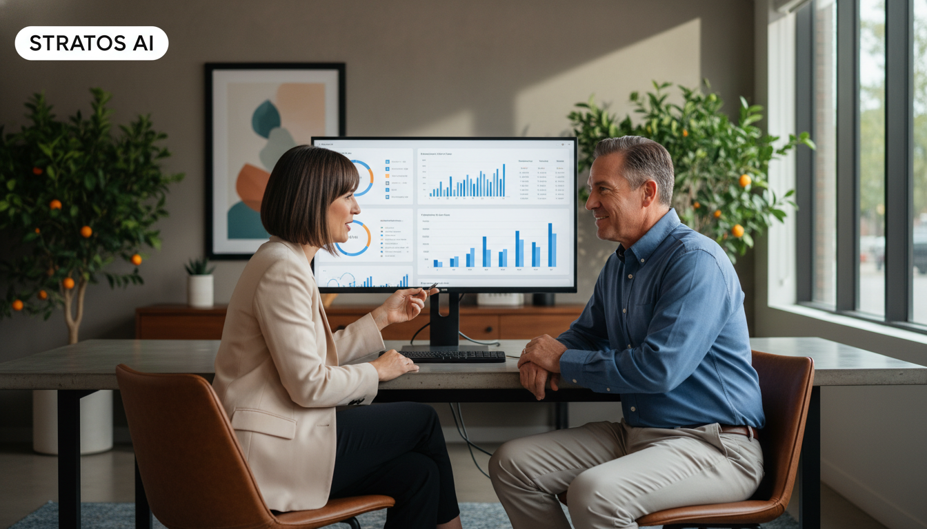 AI marketing strategist consulting with business owner in modern Fresno office, reviewing performance analytics dashboard