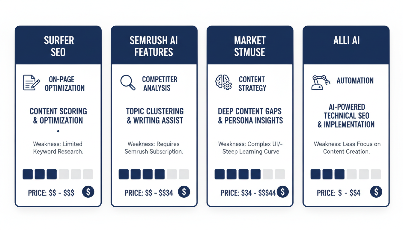 AI SEO tools comparison chart: Surfer, Semrush, MarketMuse, Alli AI features and pricing: AI SEO agency Raleigh