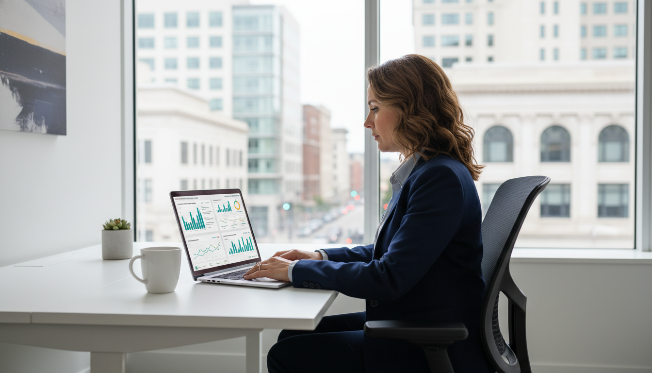 Professional strategist at modern Raleigh office desk with AI analytics dashboard: AI SEO agency services in Raleigh, Illinois