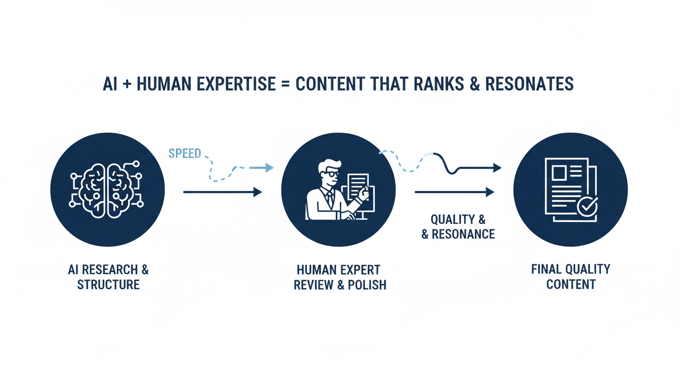 AI content creation workflow: AI research and structure plus human expertise equals quality content: SEO Raleigh