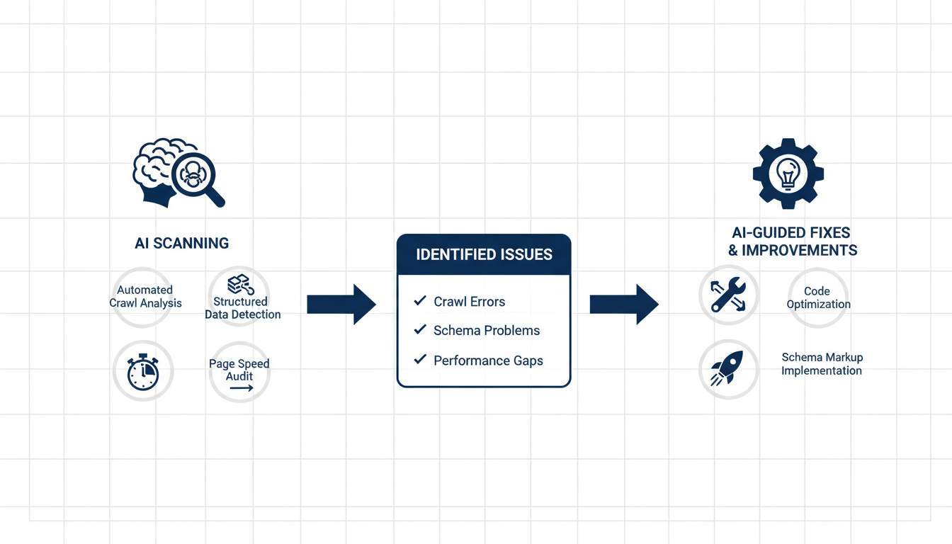 Technical SEO and AI workflow diagram: Detection, analysis, and fixes: SEO services in Raleigh, Illinois