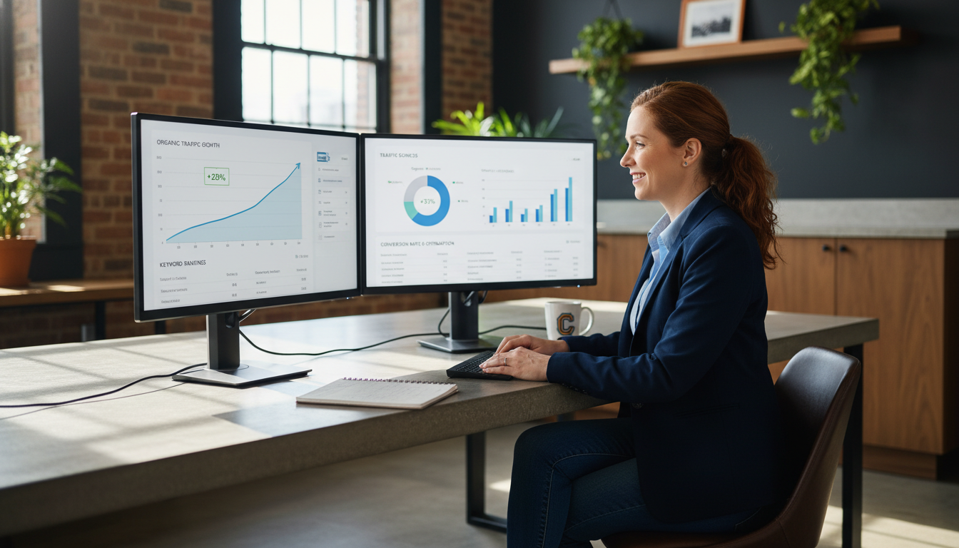 Digital strategist reviewing SEO analytics and growth charts on dual monitors in a modern Columbus office