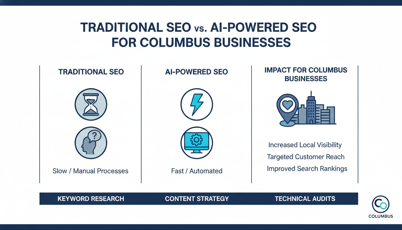 Side-by-side comparison: Traditional SEO versus AI-powered SEO for keyword research, strategy, and audits