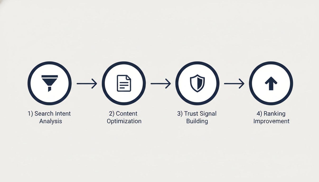 AI SEO process flow diagram: Search Intent Analysis, Content Optimization, Trust Building, Ranking Improvement