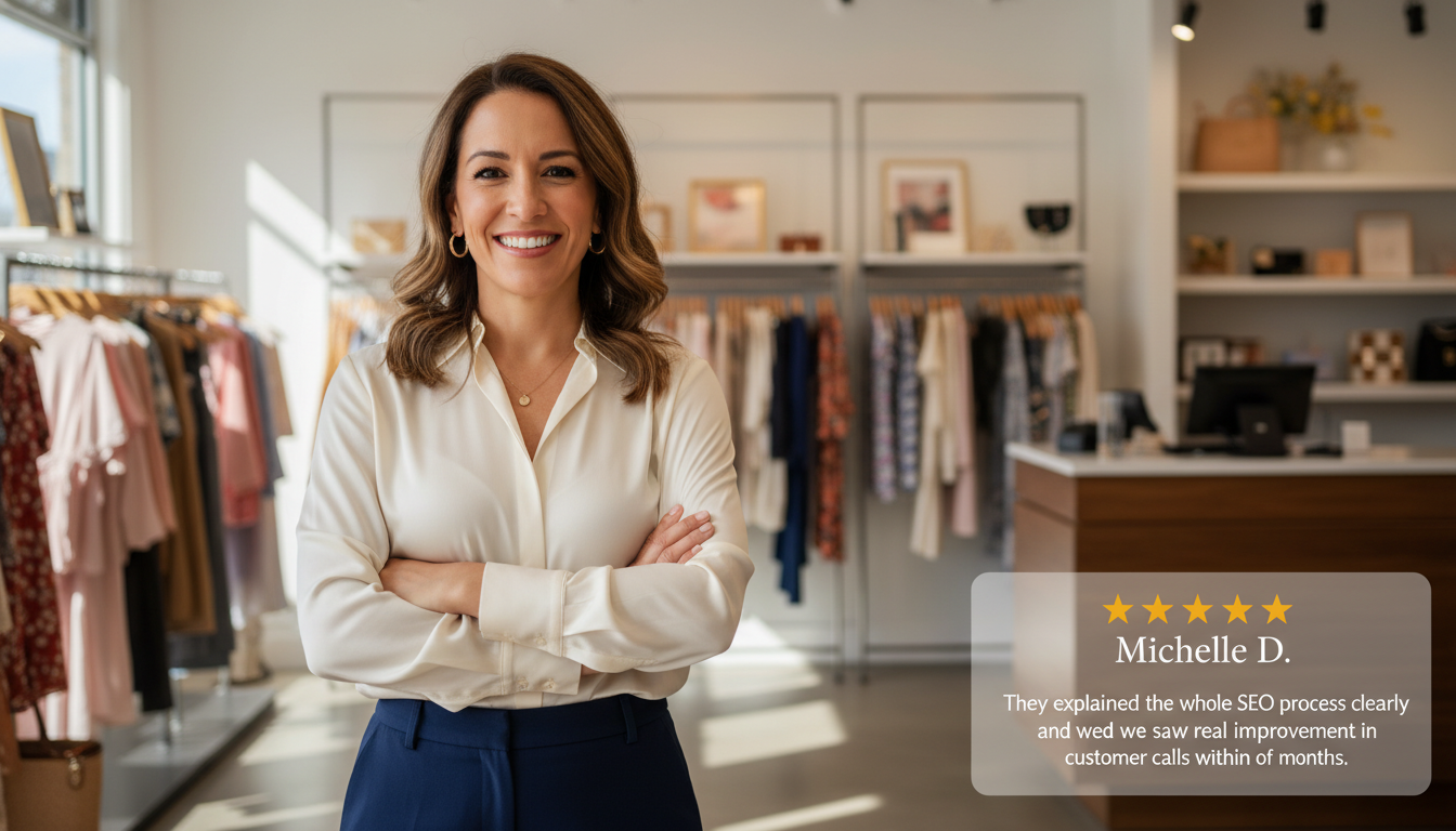 Columbus small business owner with 5-star review testimonial about improved rankings and customer calls