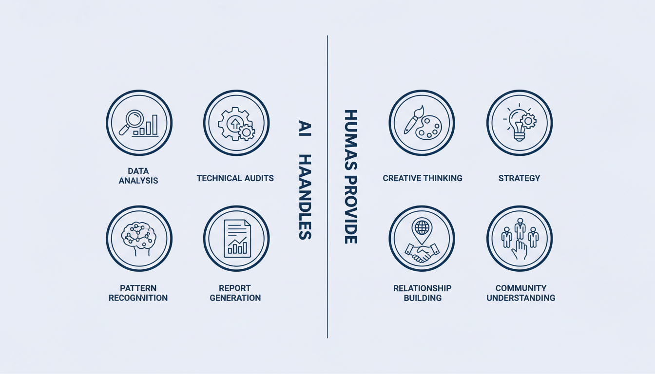 Division diagram showing AI responsibilities versus human expertise in SEO for Columbus businesses