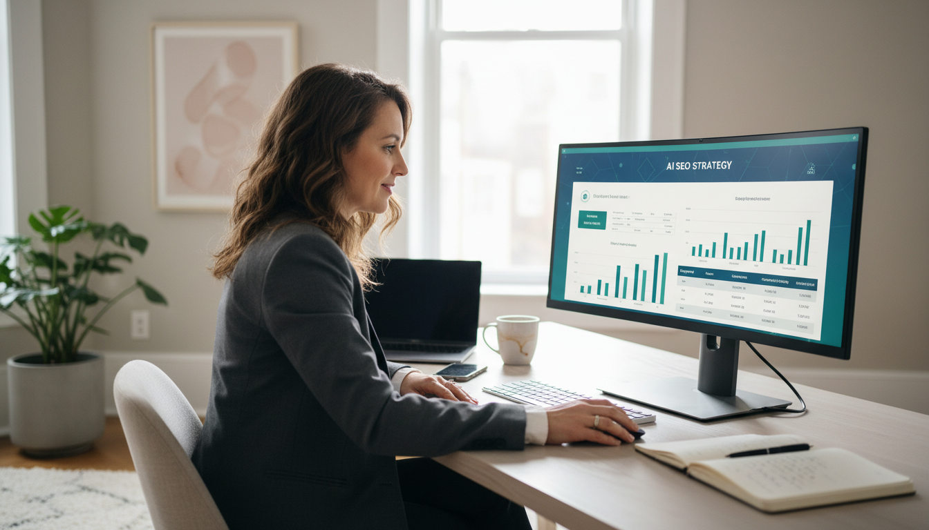 Business professional reviewing AI SEO analytics dashboard in modern Pennsylvania office, representing smarter search optimization strategies.