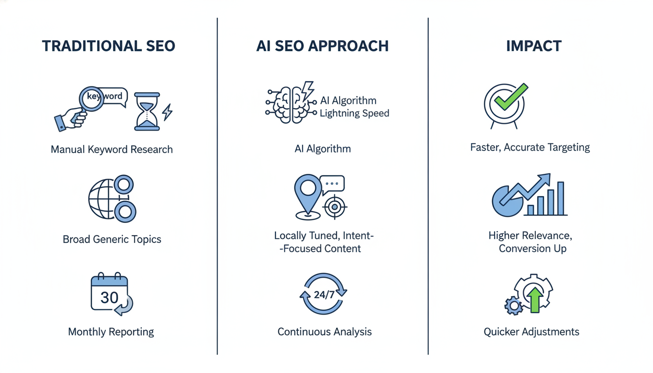 Comparison chart: traditional SEO versus AI SEO approach and measurable impact for Jacksonville