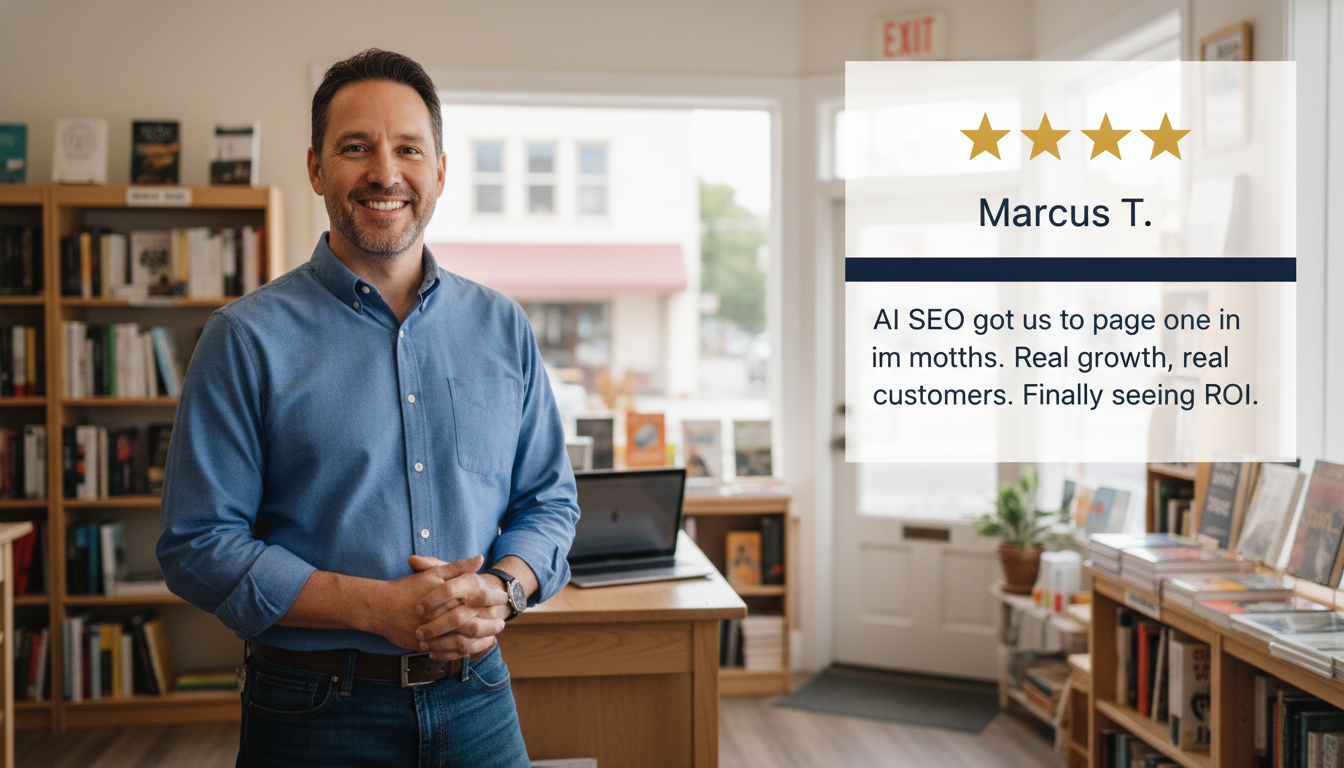 Small business owner testimonial with 5-star review about AI SEO results in Jacksonville Oregon