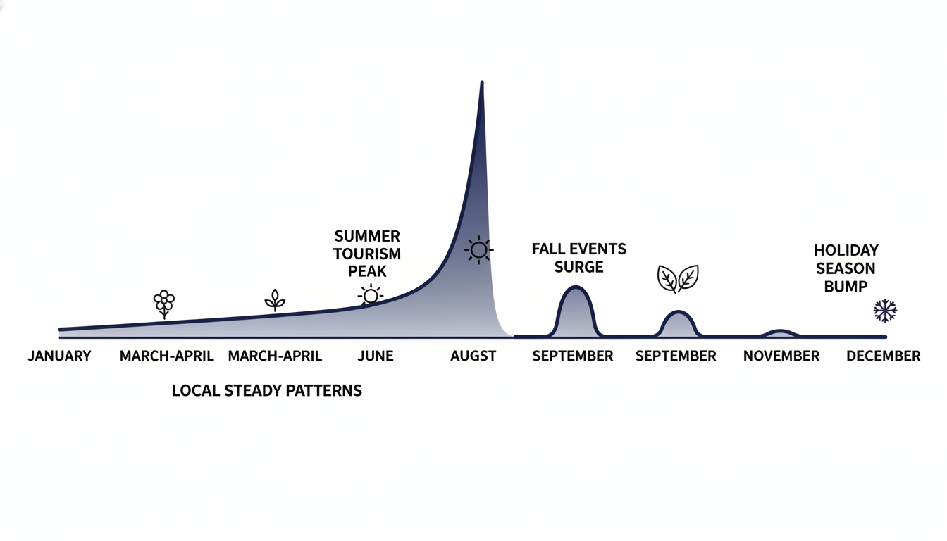 Seasonal search pattern timeline showing summer tourism and fall events peaks in Jacksonville Oregon