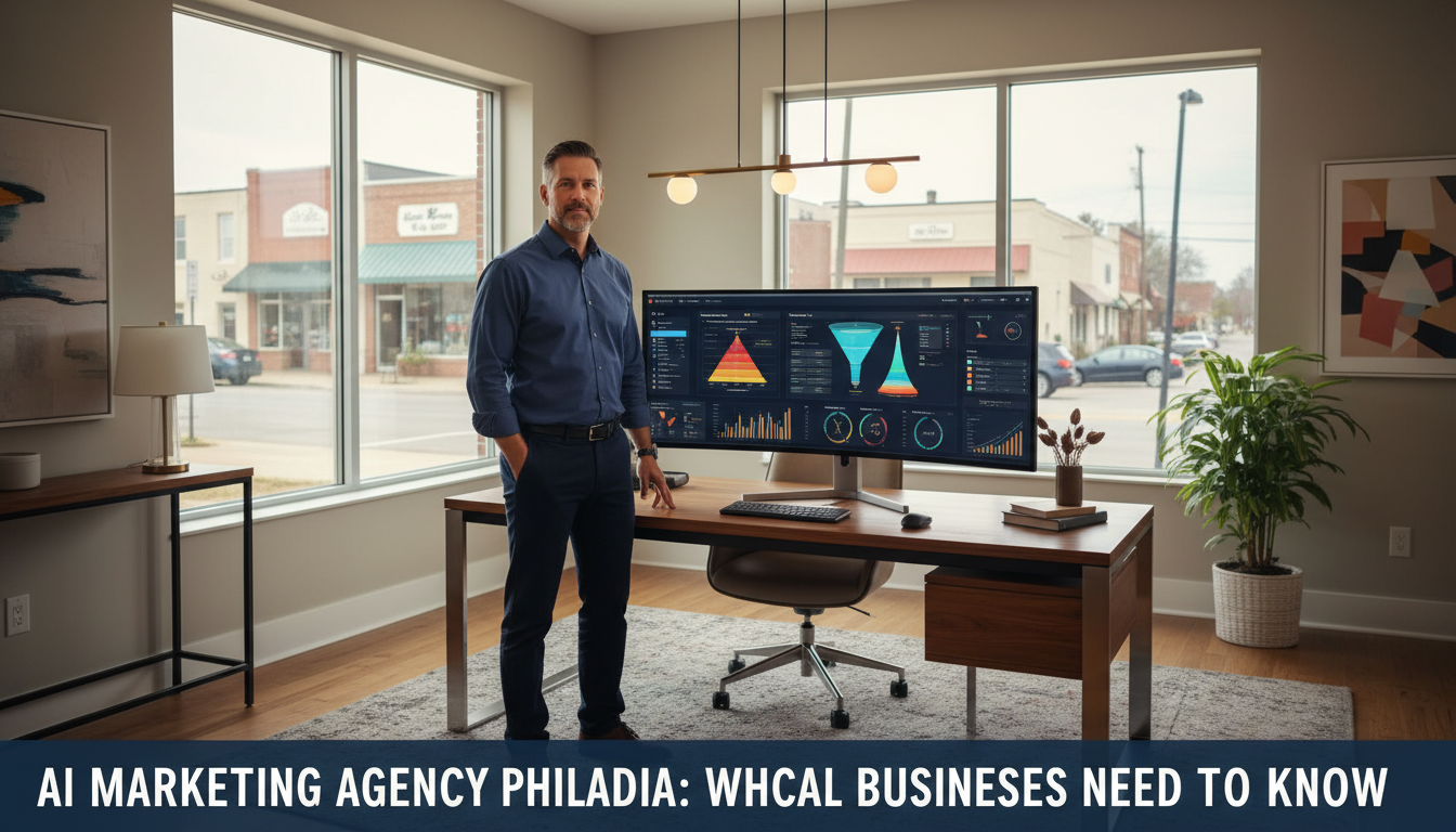 Marketing strategist reviewing AI analytics at modern office desk in Philadelphia with local main street visible through windows