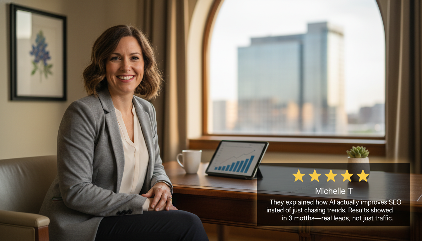 Female business owner testimonial with 5-star review: Real leads in 3 months from AI SEO Services Columbus TX