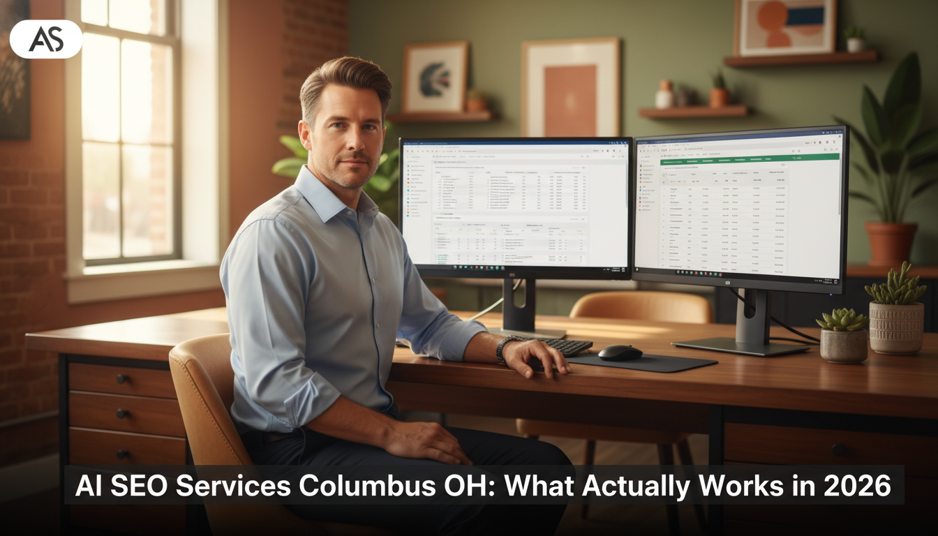 Digital marketing consultant working at modern office desk with analytics dashboards visible: AI SEO Services Columbus TX