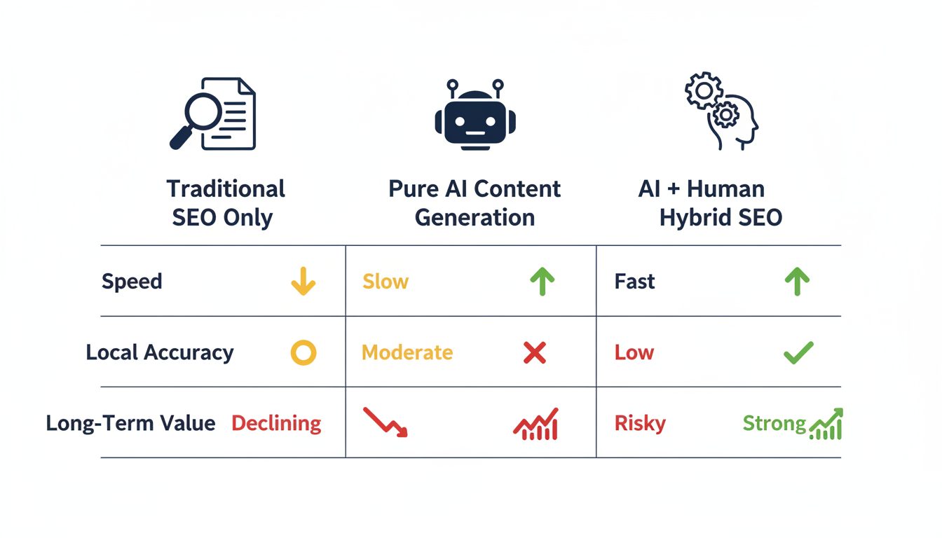 Comparison chart: Traditional SEO, Pure AI Content, and AI + Human Hybrid approach metrics