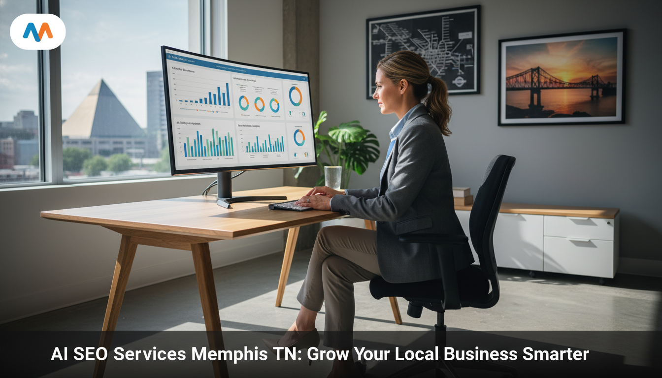 Business owner reviewing AI analytics on computer in modern Memphis office: AI SEO Services, Memphis MO