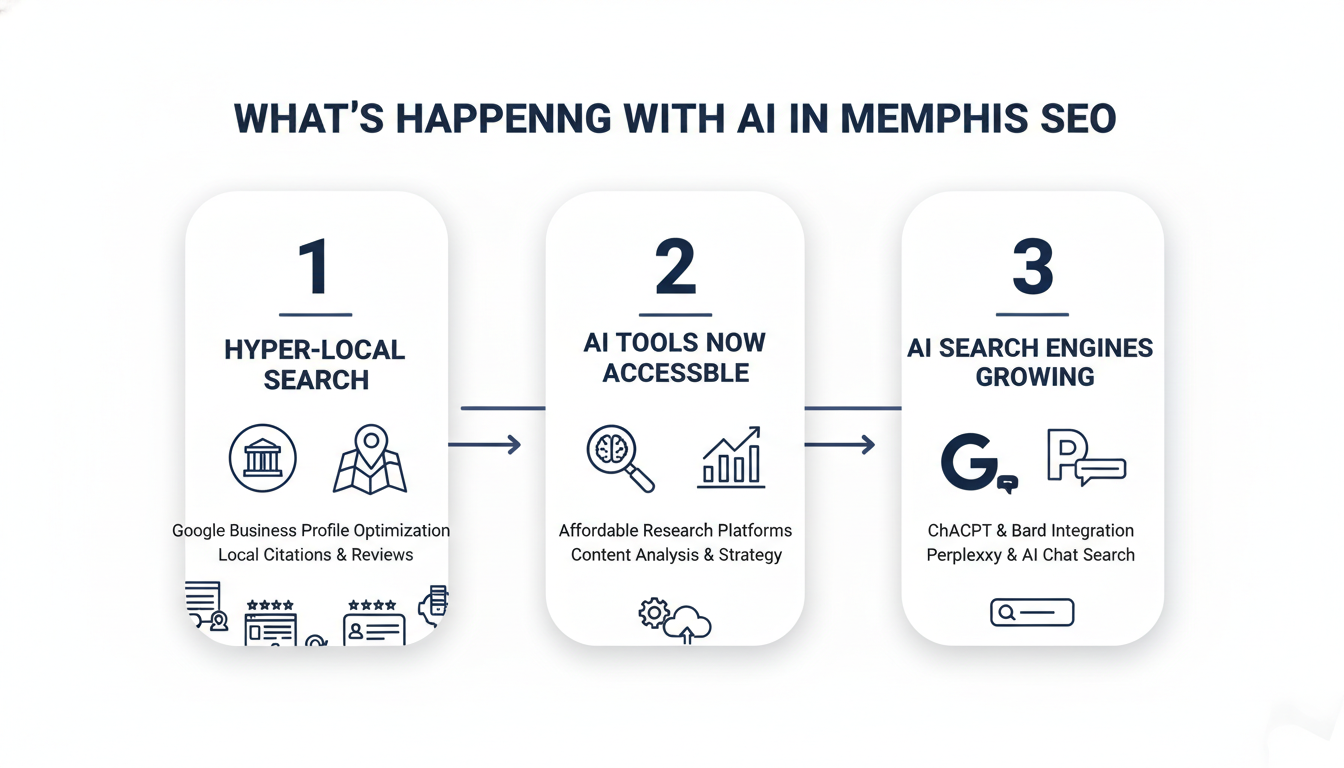 Three pillars infographic: hyper-local search, AI tools accessibility, and AI search engine growth in Memphis