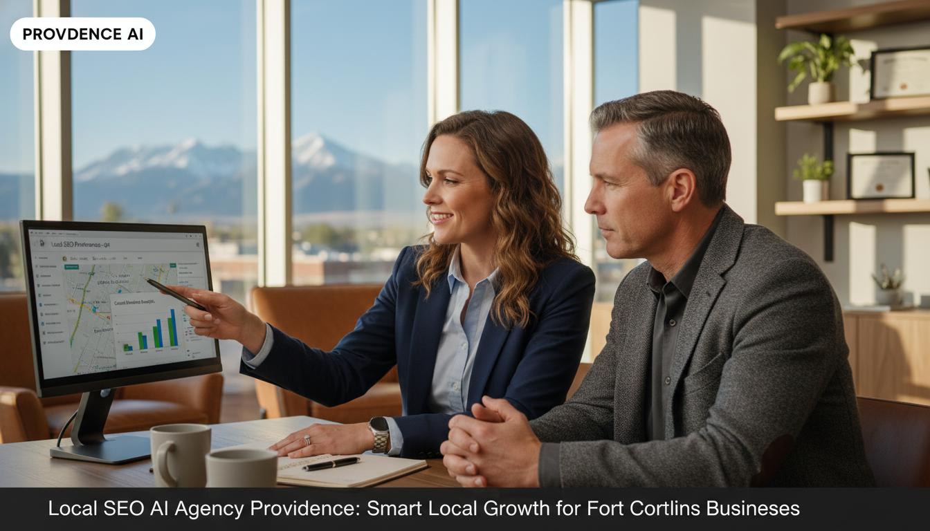 Digital strategist consulting with Providence business owner over laptop showing local SEO analytics and rankings data in modern office.