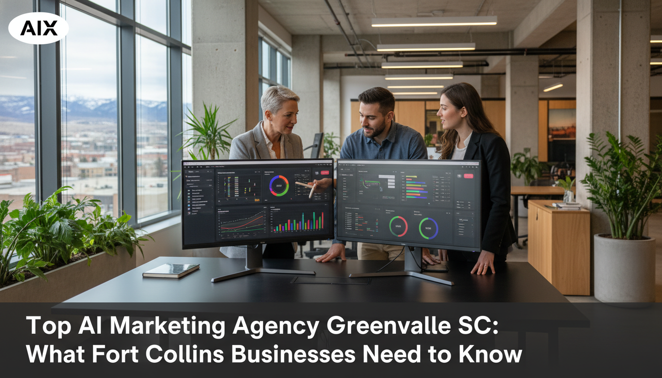 AI marketing team collaborating in modern office with analytics dashboards for Greenville marketing services