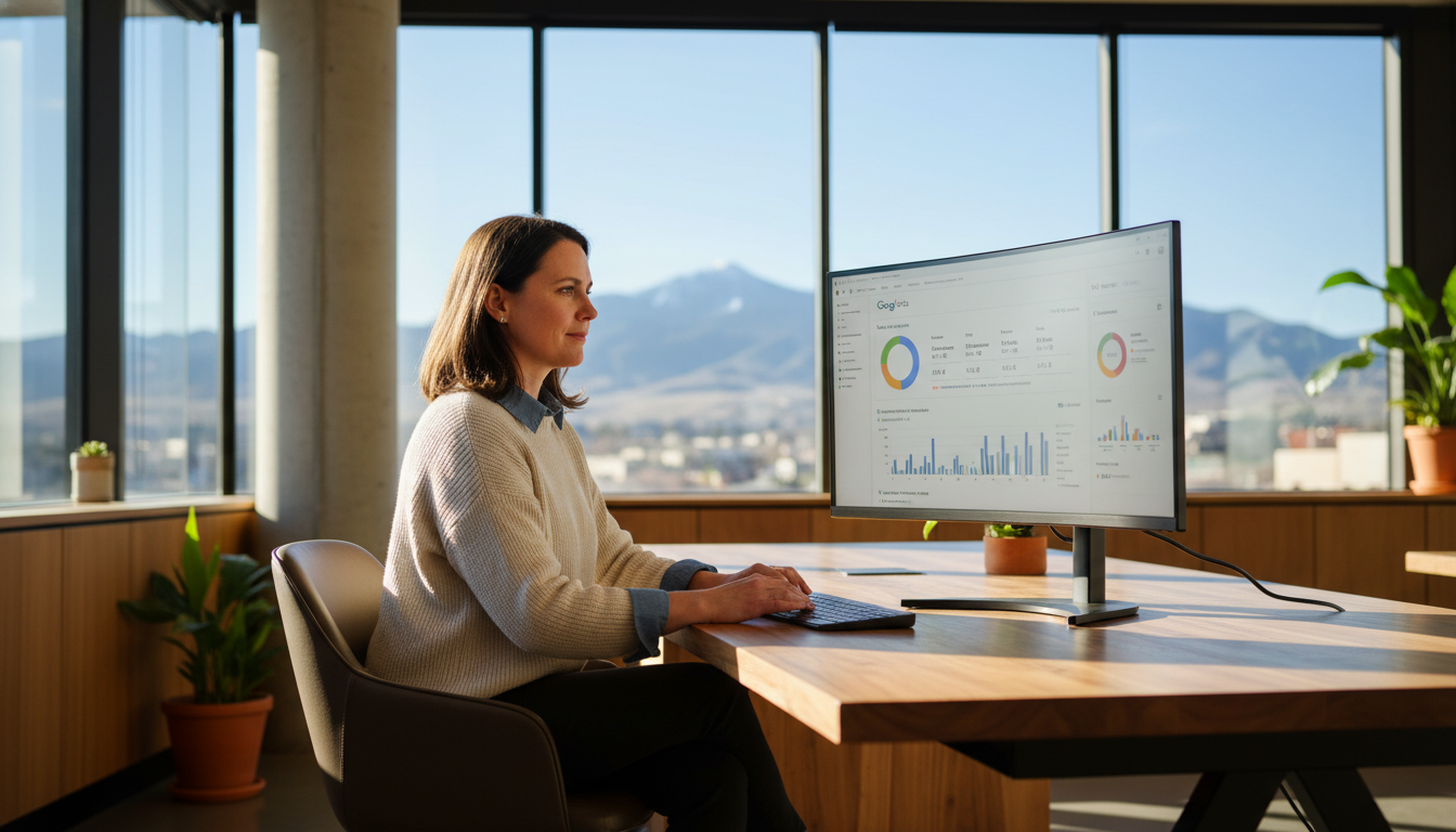 Professional reviewing local SEO analytics on computer in modern Grand Rapids office with mountain views