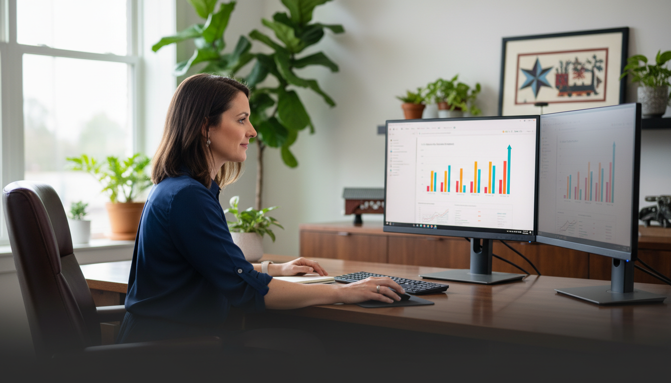 Business owner reviewing marketing analytics on computer in modern office, AI Marketing Agency Lancaster PA
