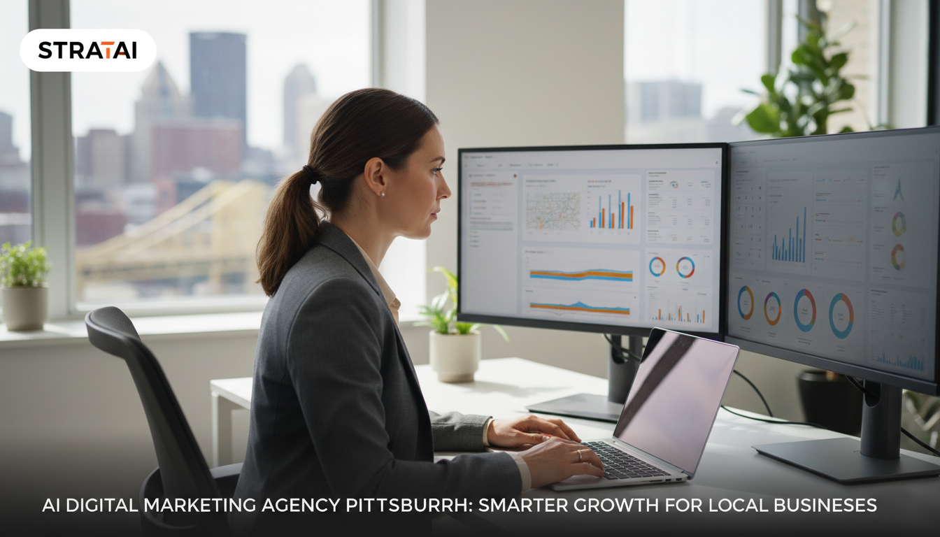 Professional strategist reviewing AI marketing analytics in modern Pittsburgh office with skyline view