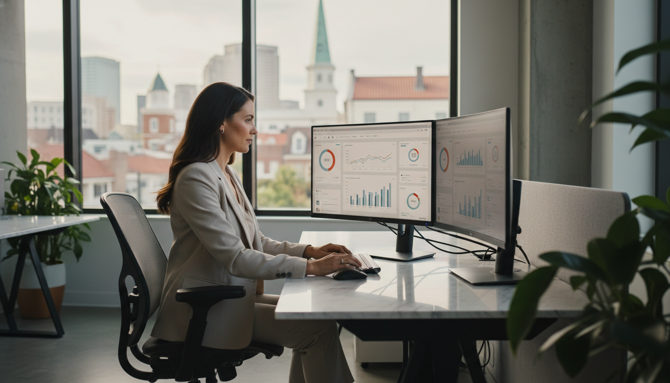 Professional marketer at modern agency workspace with analytics displays, Charleston SC