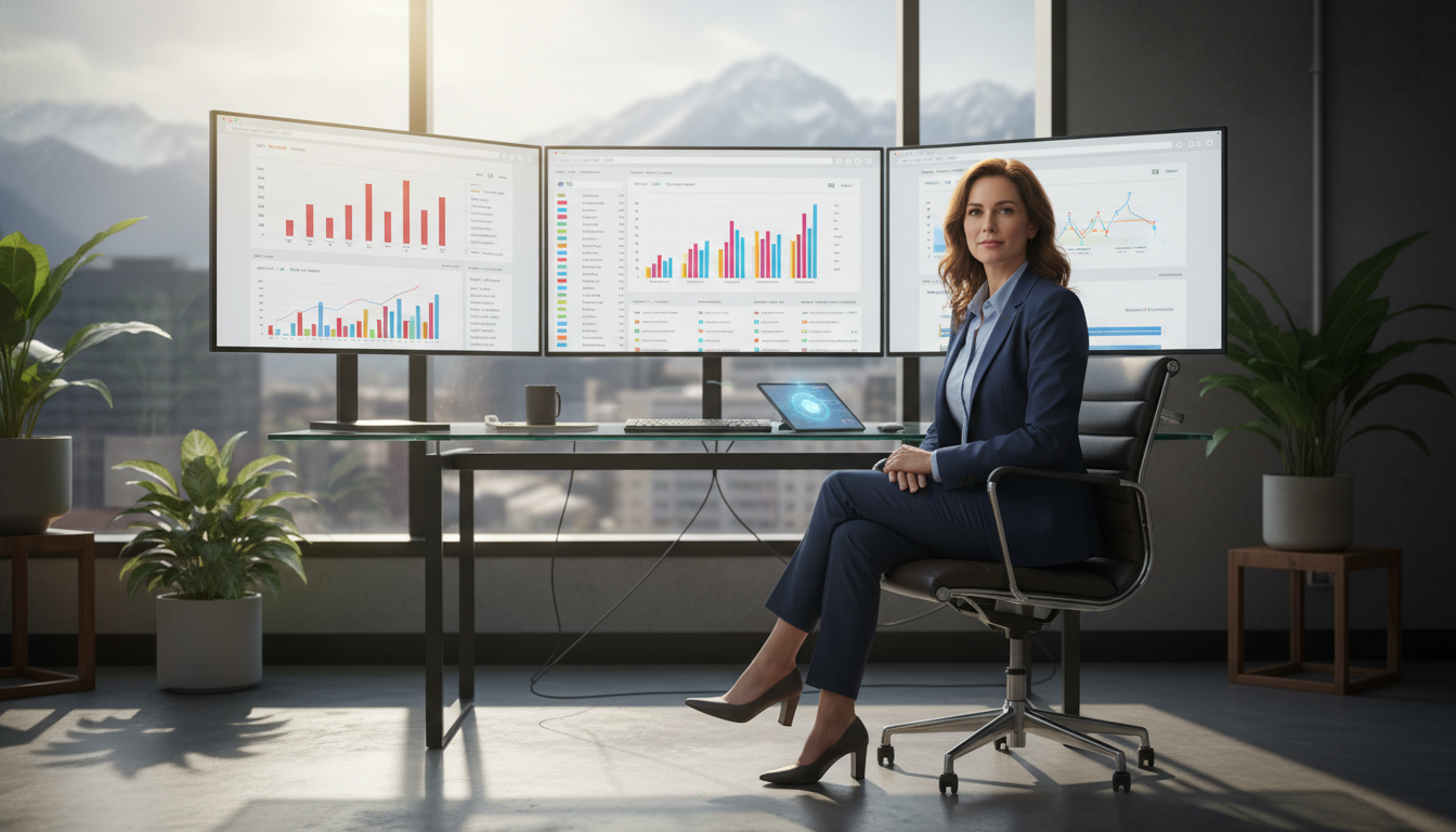 SEO strategist analyzing search analytics on monitors in modern Salinas office, AI-powered strategy