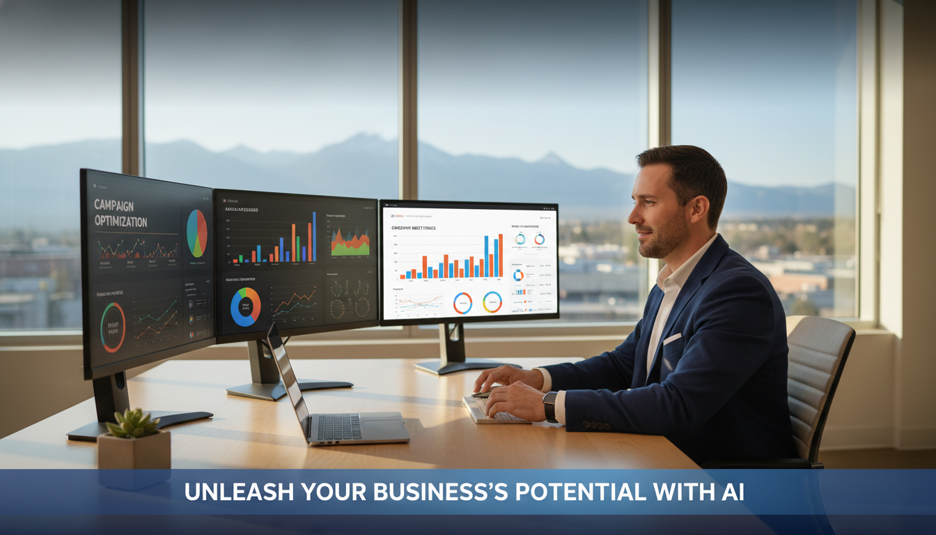 Professional marketing strategist reviewing AI analytics dashboards in modern Naples office with mountain views