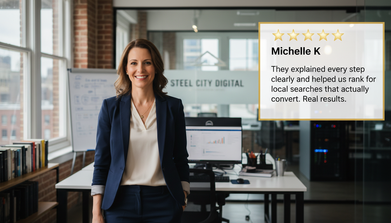 Pittsburgh business owner with 5-star local SEO testimonial review overlay, satisfied client result