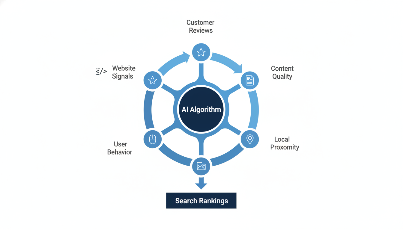 AI algorithm flowchart showing search signals analysis for local SEO optimization, Pittsburgh PA