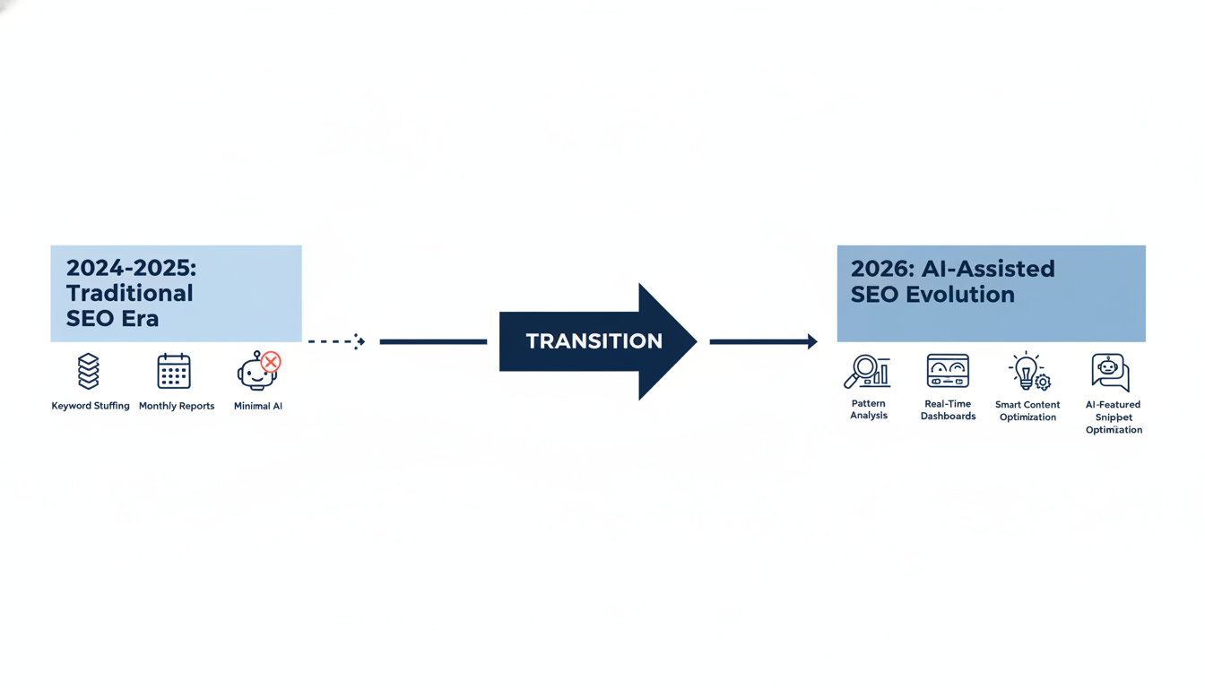 SEO evolution timeline 2024 to 2026 showing traditional to AI-assisted local search strategies