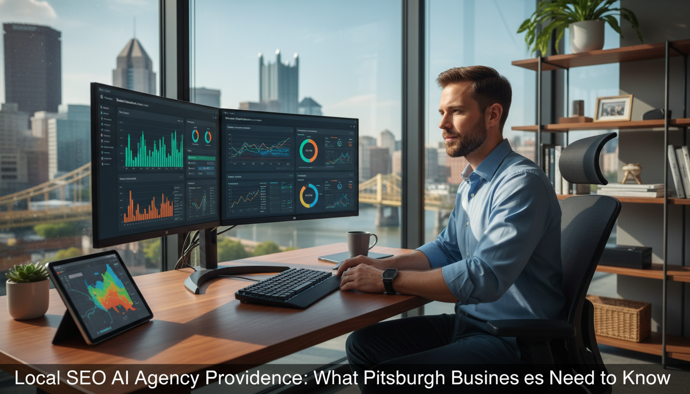Digital strategist reviewing analytics dashboards in modern Providence office, local SEO agency workspace