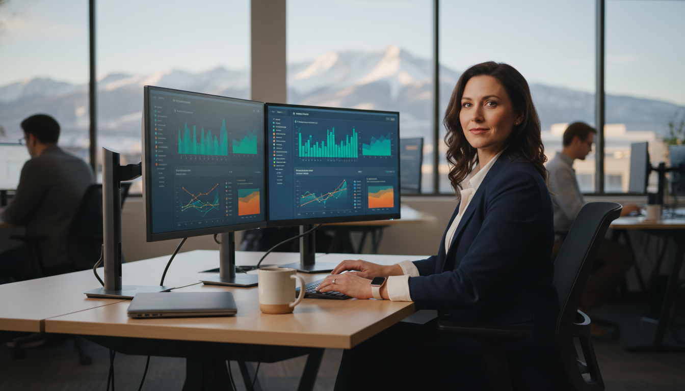 SEO professional analyzing data on multiple monitors in a modern Fort Collins office with mountain views and natural lighting.