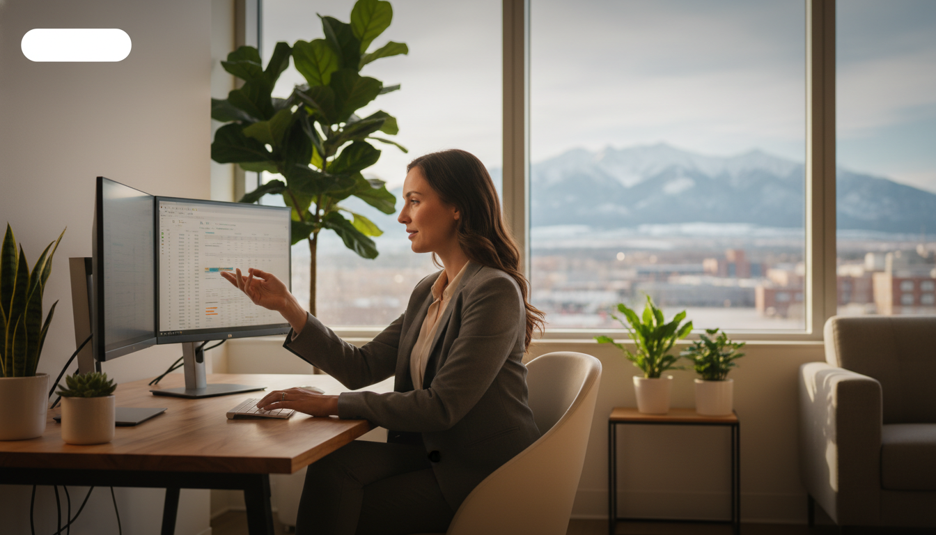 Female digital marketing strategist analyzing SEO analytics on dual monitors in modern Fort Collins office with mountain views
