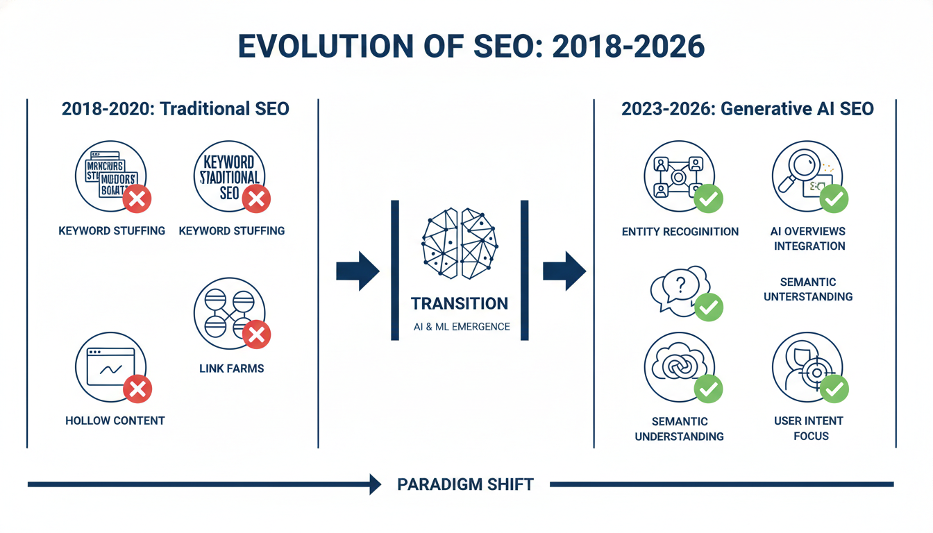 SEO evolution timeline: 2018 outdated tactics vs 2026 AI-driven entity and answer optimization