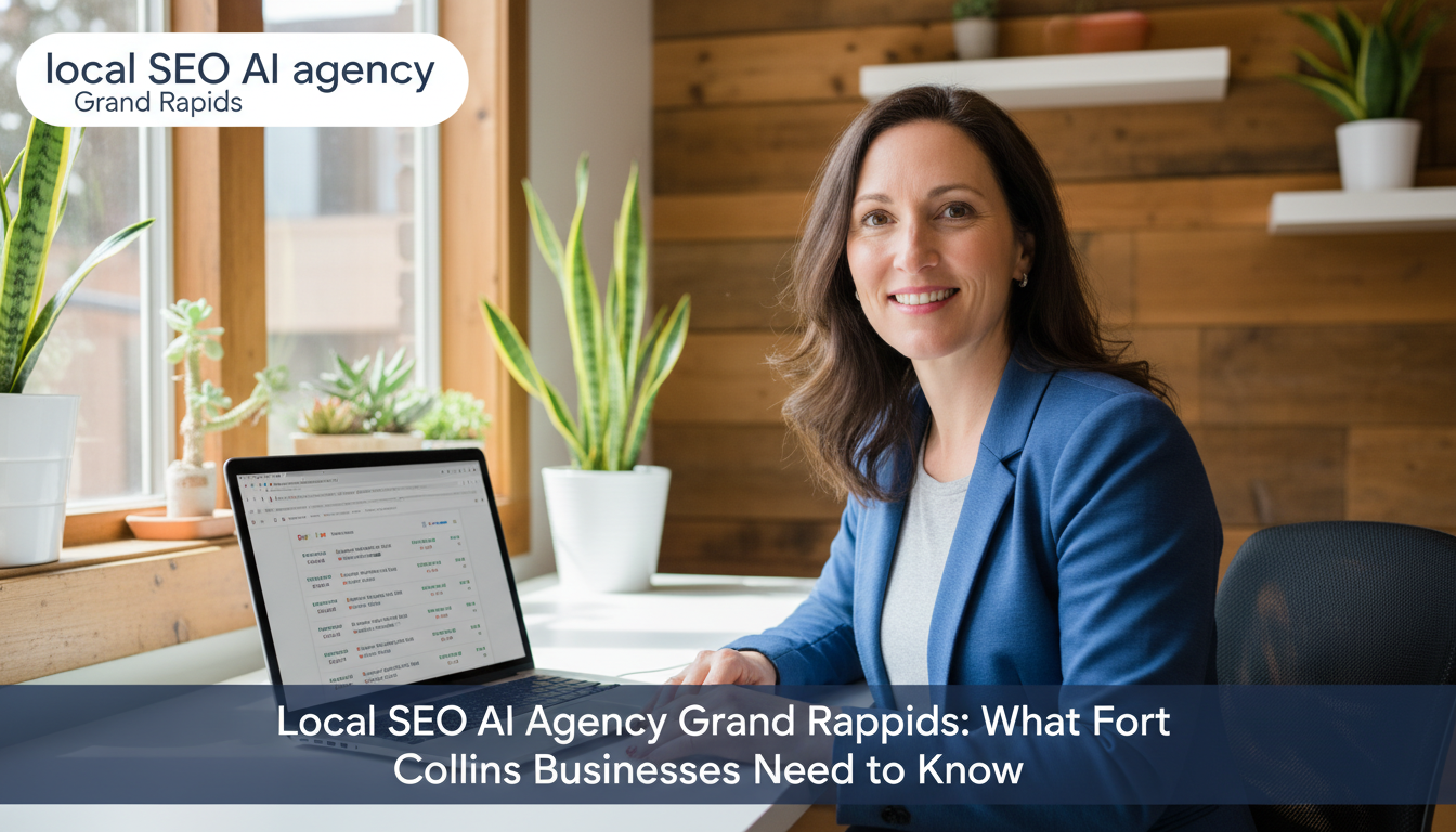 Professional Grand Rapids business owner in modern office with laptop showing Google rankings for local SEO services