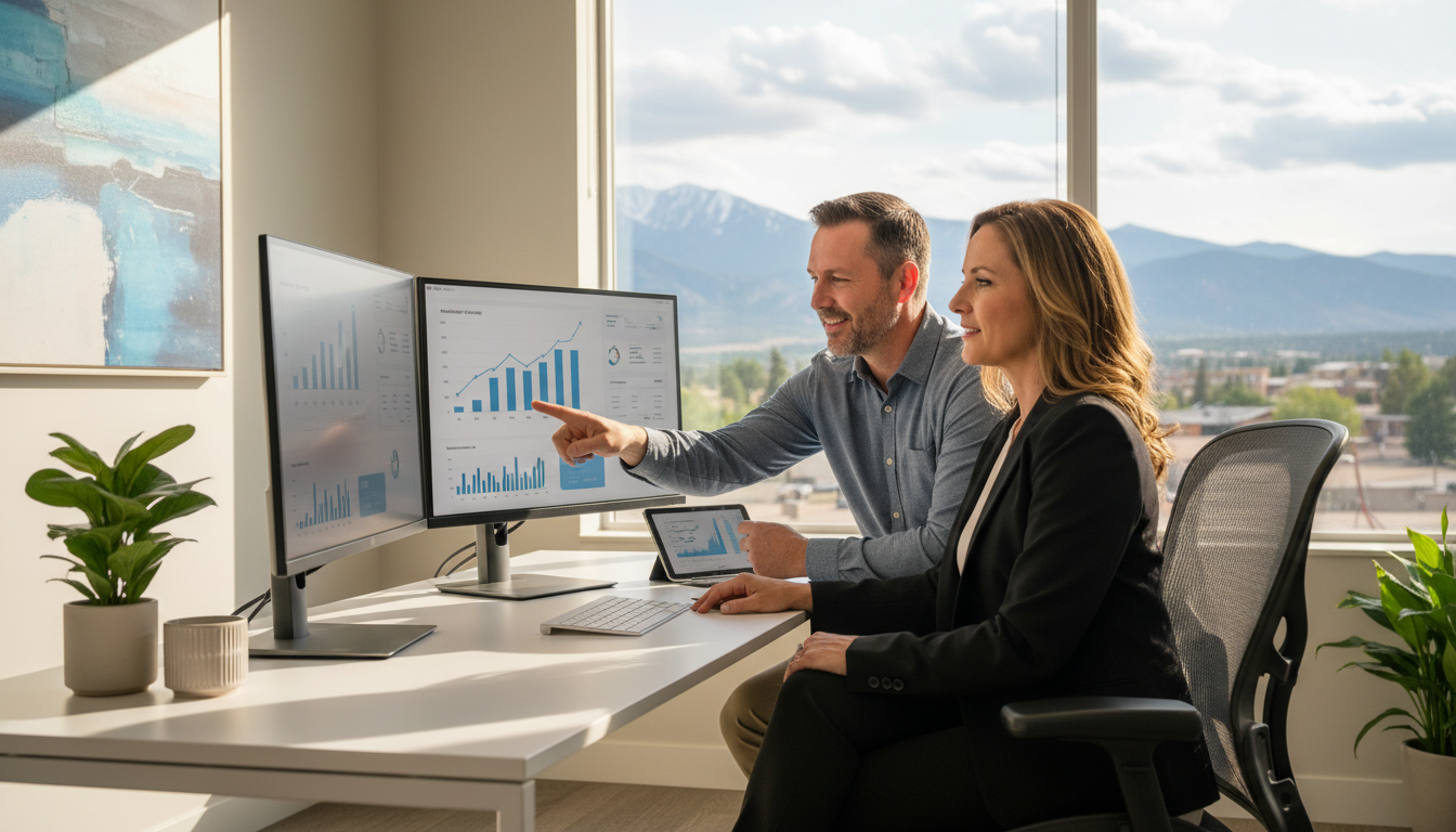 AI SEO consultant and Fort Collins business owner reviewing analytics dashboard in modern office, Fort Collins, CO