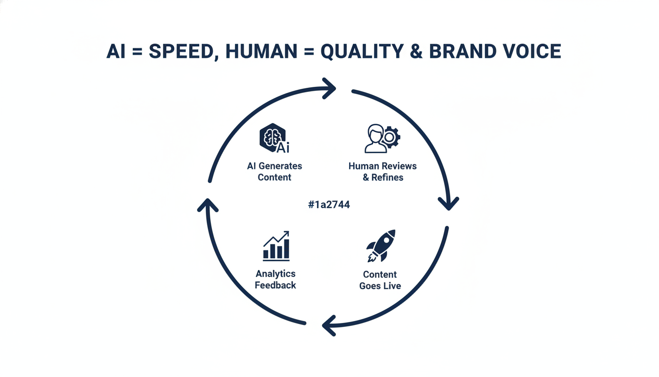 Circular workflow diagram: AI content generation plus human review and analytics feedback loop, social media marketing