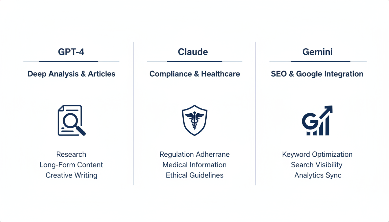 Three-column comparison of AI tools: GPT-4, Claude, Gemini strengths for marketing content in McAllen