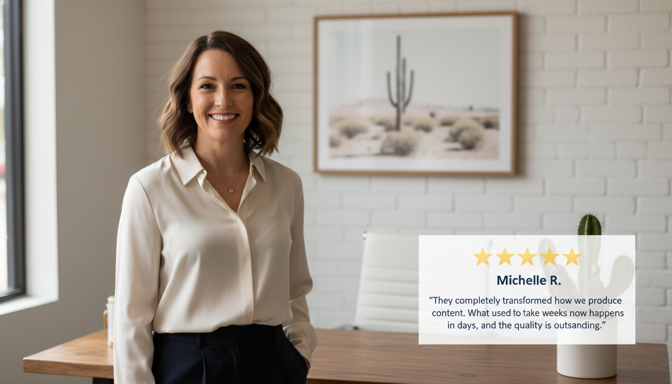 Satisfied business owner testimonial with 5-star review overlay for AI content marketing services in McAllen