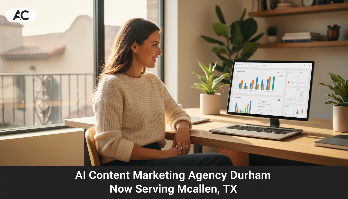 Professional marketing strategist at modern office workspace with laptop and analytics dashboard, AI content marketing agency Durham, McAllen TX