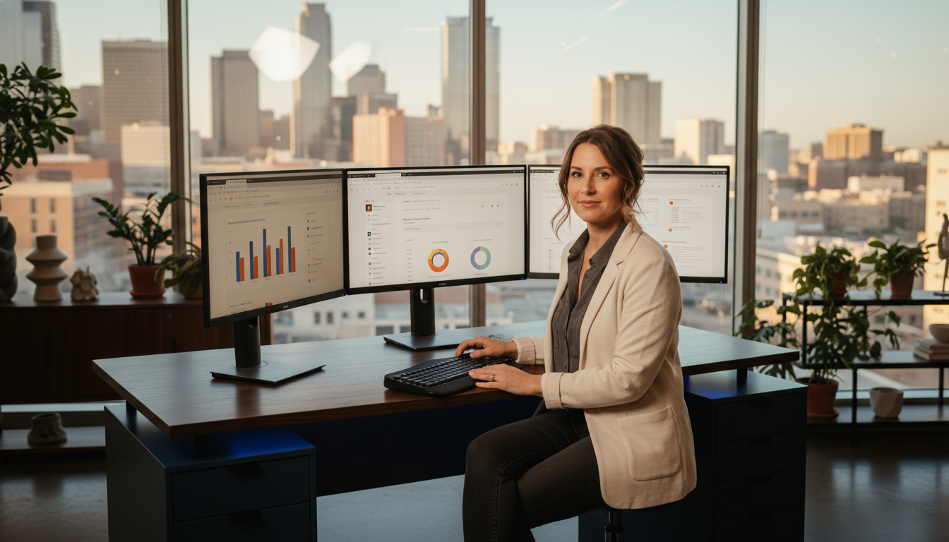 SEO strategist working at modern office desk with analytics dashboards, McAllen SEO Co