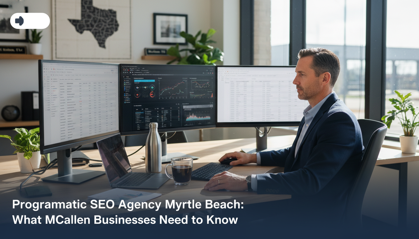 Professional strategist reviewing programmatic SEO analytics in modern office, Prog SEO, Myrtle Beach TX