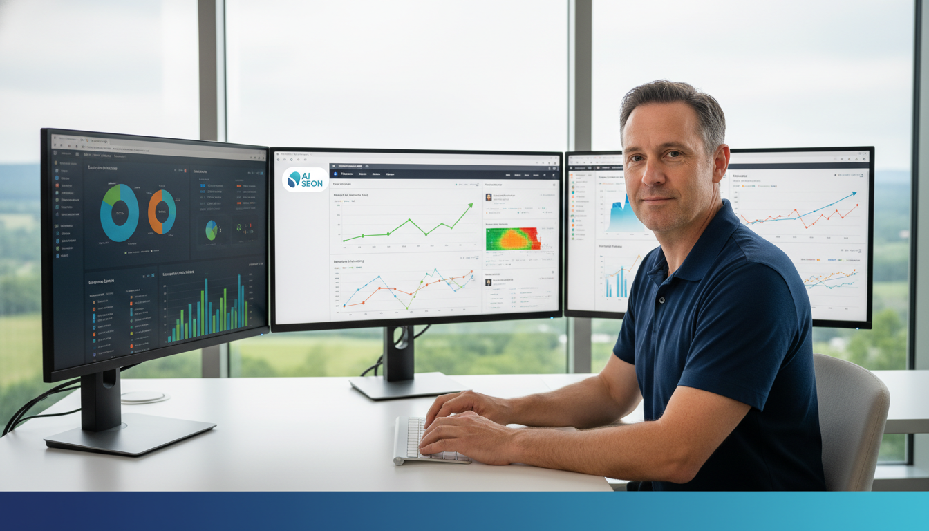 Professional AI SEO consultant working at multi-monitor desk in York office with analytics dashboards and data visualization displayed.