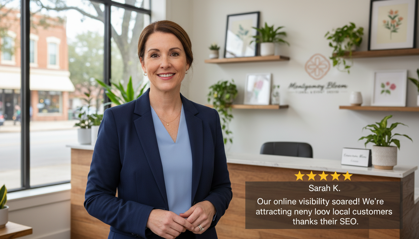 Satisfied Montgomery business owner smiling with 5-star review about improved online visibility: SEO Co
