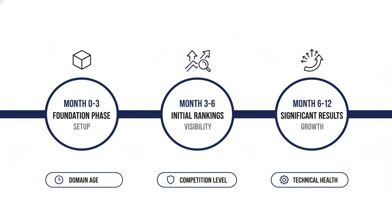 SEO results timeline: 0-3 months foundation, 3-6 months initial rankings, 6-12 months significant results